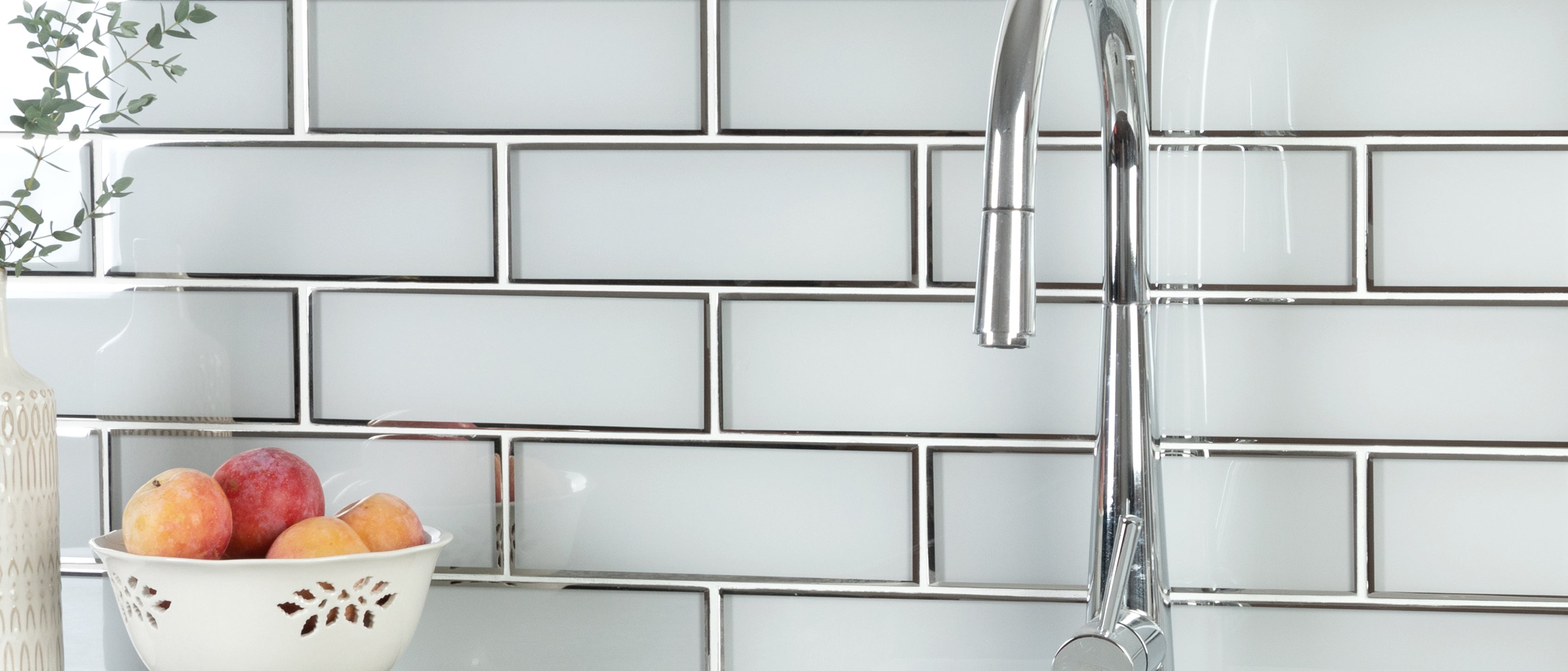 3" x 9" Glass Mosaic Subway Tile, Backsplash for Kitchen and Bathroom with Metal Trim - 5 Square Feet Per Carton - Metal Trimmed